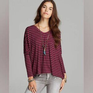 Free People We The Free Oversize Striped Pandora’s Boxy Tee Burgundy Maroon Sz M